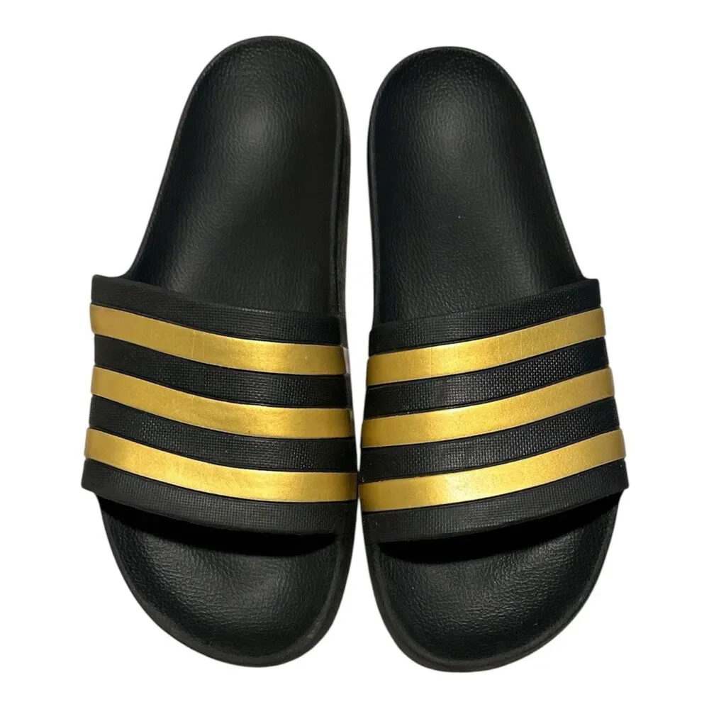 Adidas Adilette Aqua Slides Mens Size 12 Sandal Shoe Black/Gold Metallic EG1758
